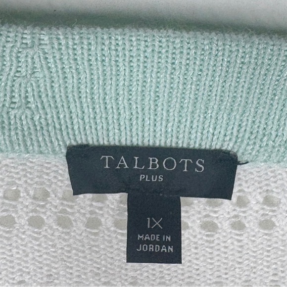 Talbots Green and White Mint Open Knit Cardigan Tipped Pointelle Size 1X - Picture 6 of 7